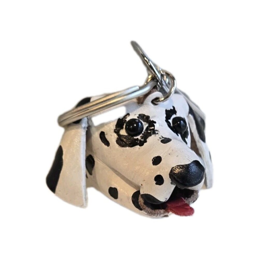 New White Black Dalmatian Dog Animal Handmade 3D Leather Dog Key Chain